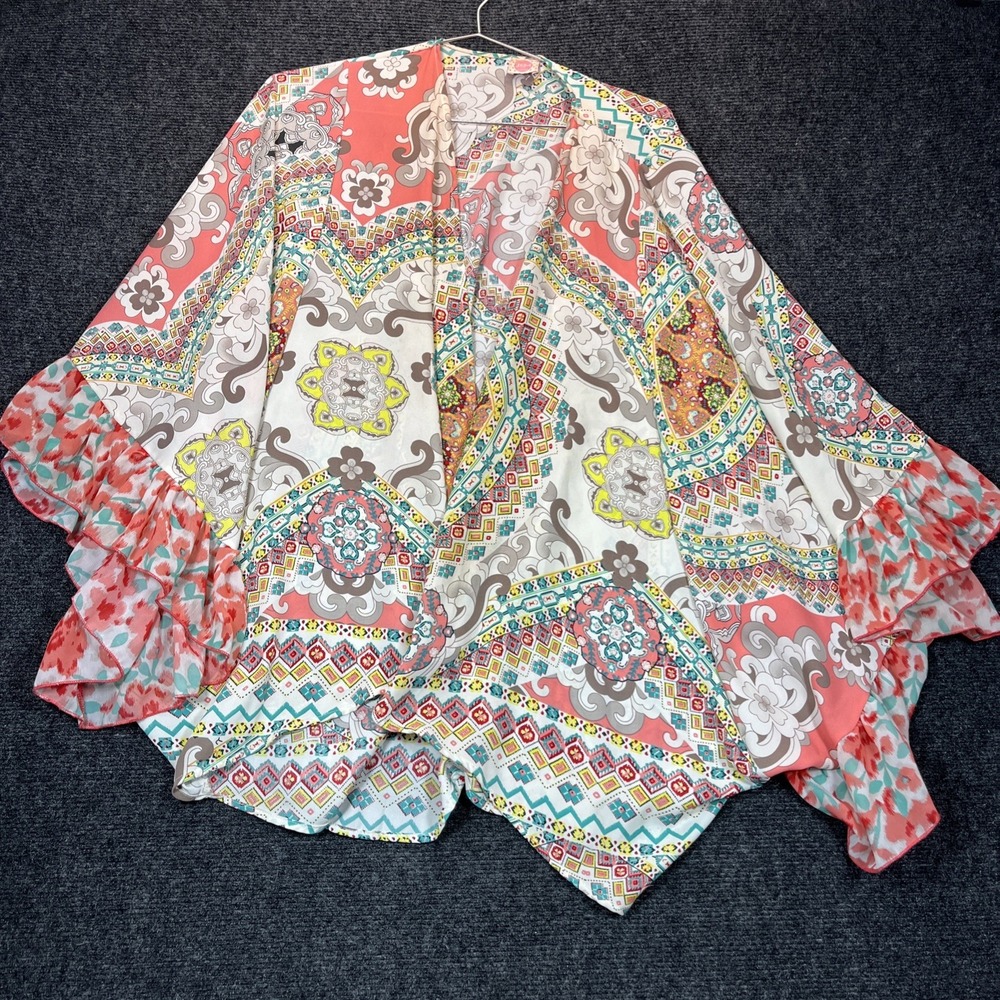 J&M Floral Kimono Wrap Women OS Multicolor Boho Sheer Flutter Ruffle